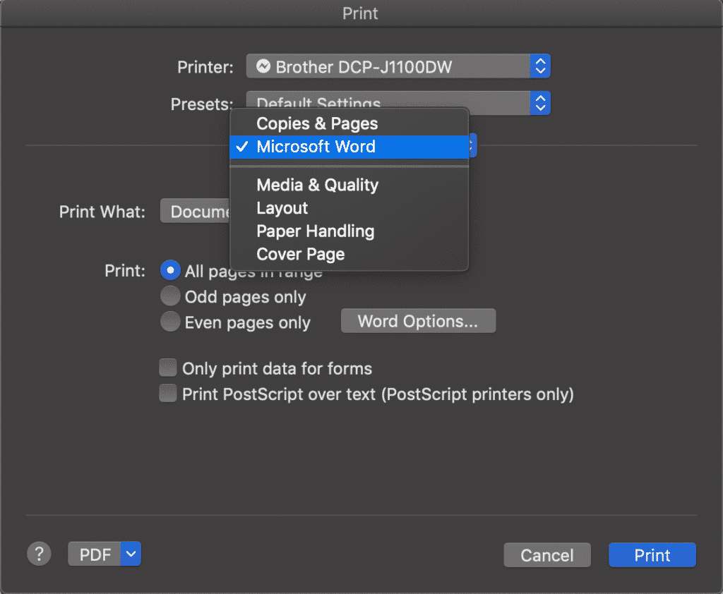 microsoft word change default print settings mac